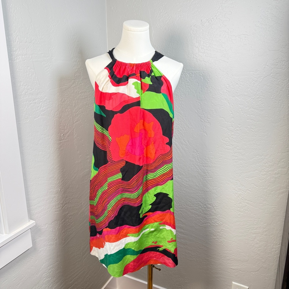 Julie Brown Silk Blend Halter Dress Bright Abstract Print Size 10